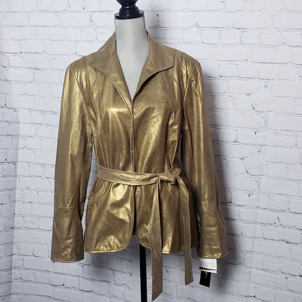Lafayette 148 New York Gold Bronze 100% Leather Jacket NWT Size 16 Stunning